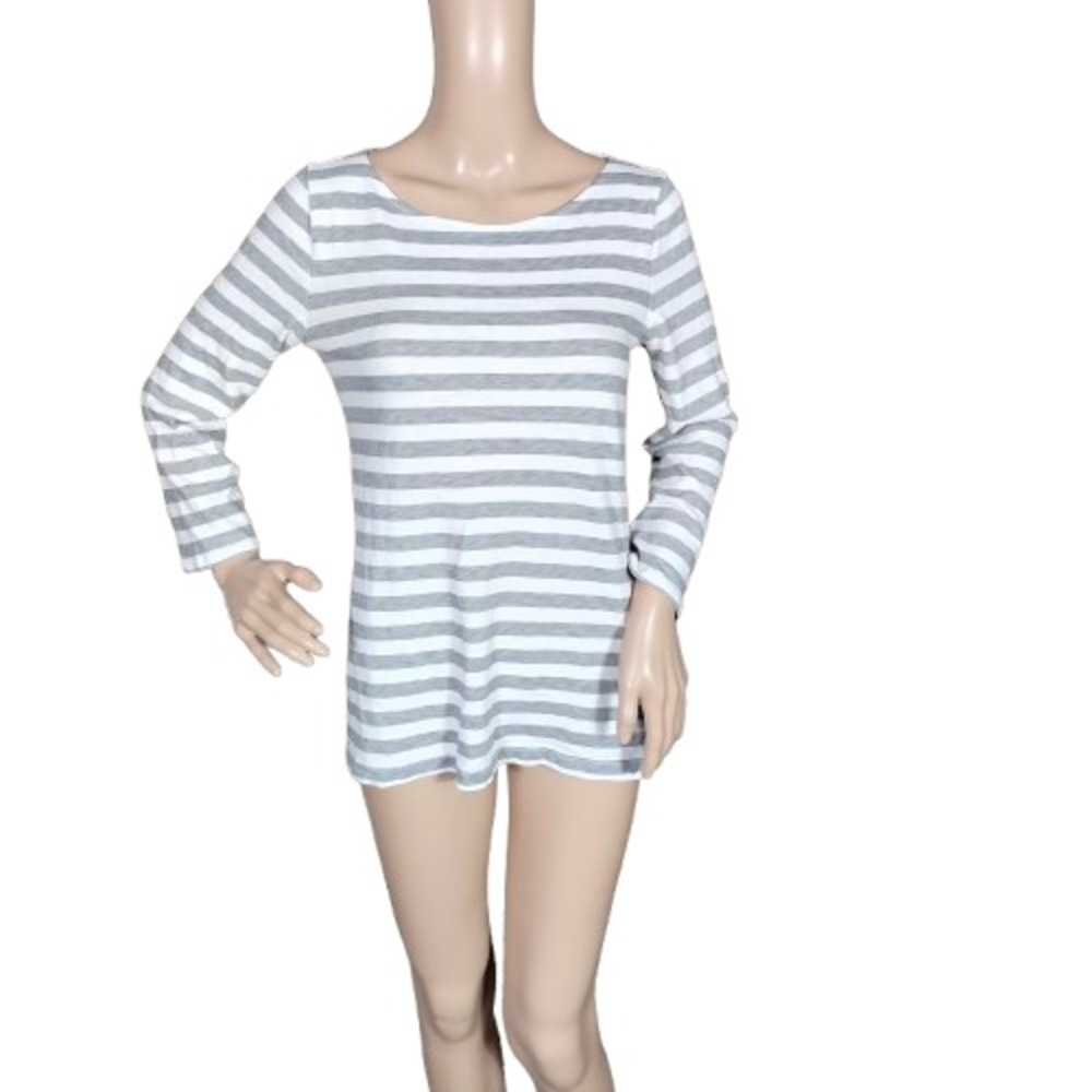 J. Crew Top Womens Size S White Gray Long Sleeve Boat Neck Striped Cotton Casual